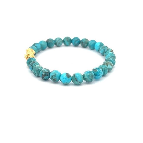 18K Gold Pixiu Piyao Bracelet Natural Gemstones Turquoise 6mm Elastic Bracelet - Picture 4 of 5